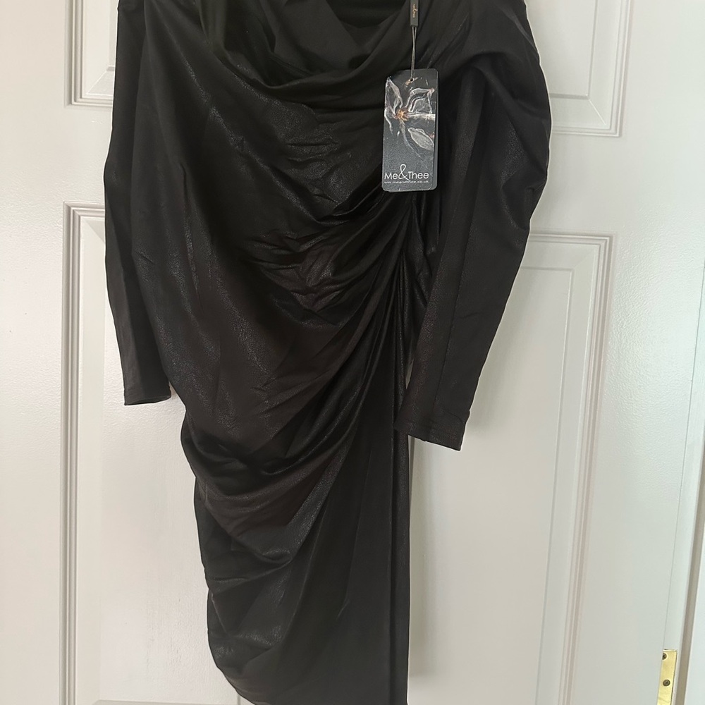 Black Long-Sleeve Draped Evening Dress